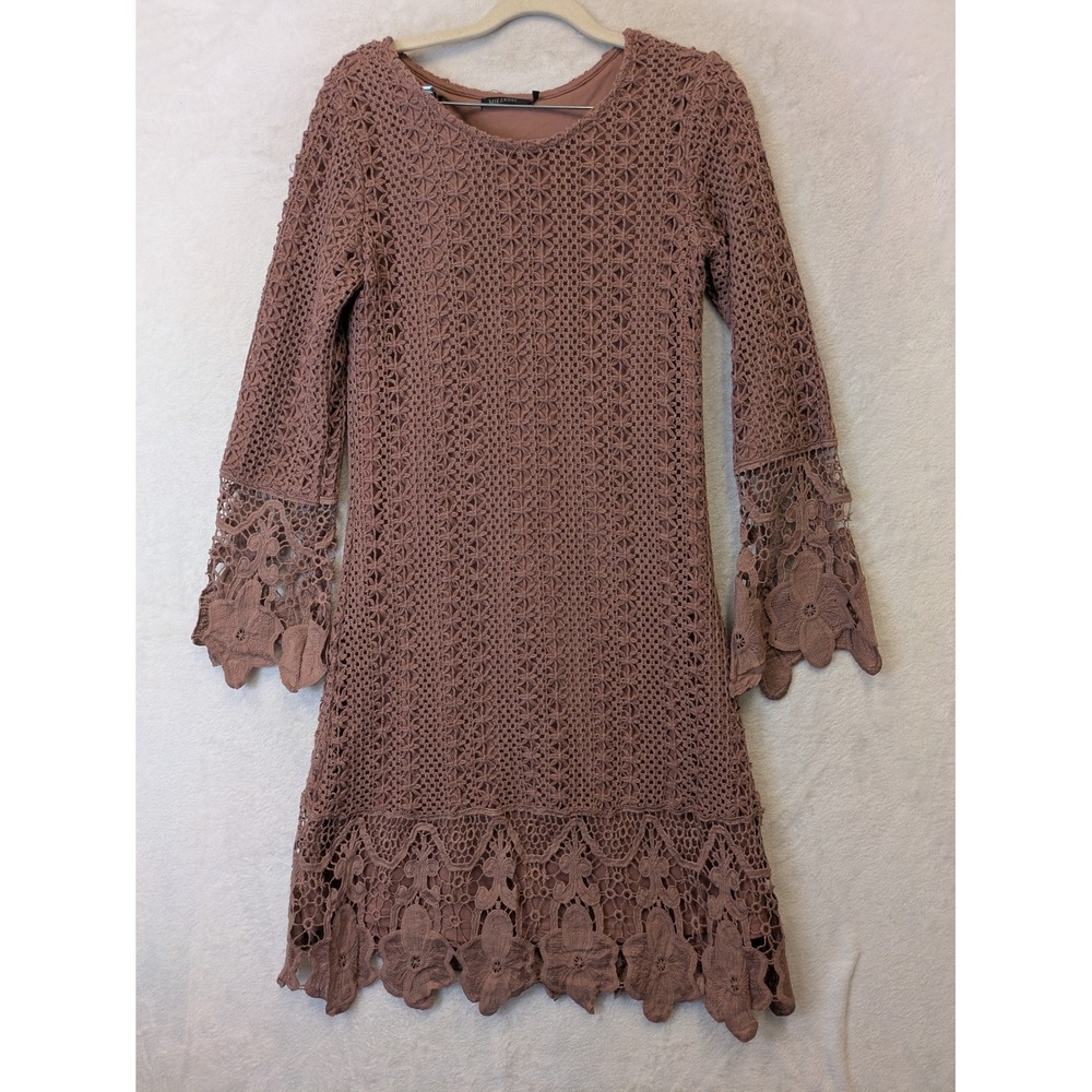 MIKAROSE WomenMauve Crochet Lace Modest Dress Long Bell Sleeve S